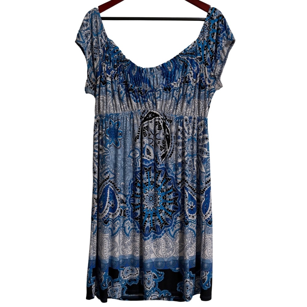Dressbarn Women Blue Paisley Medallion Empire‎ Waist Mini Dress Size 16 Stretch